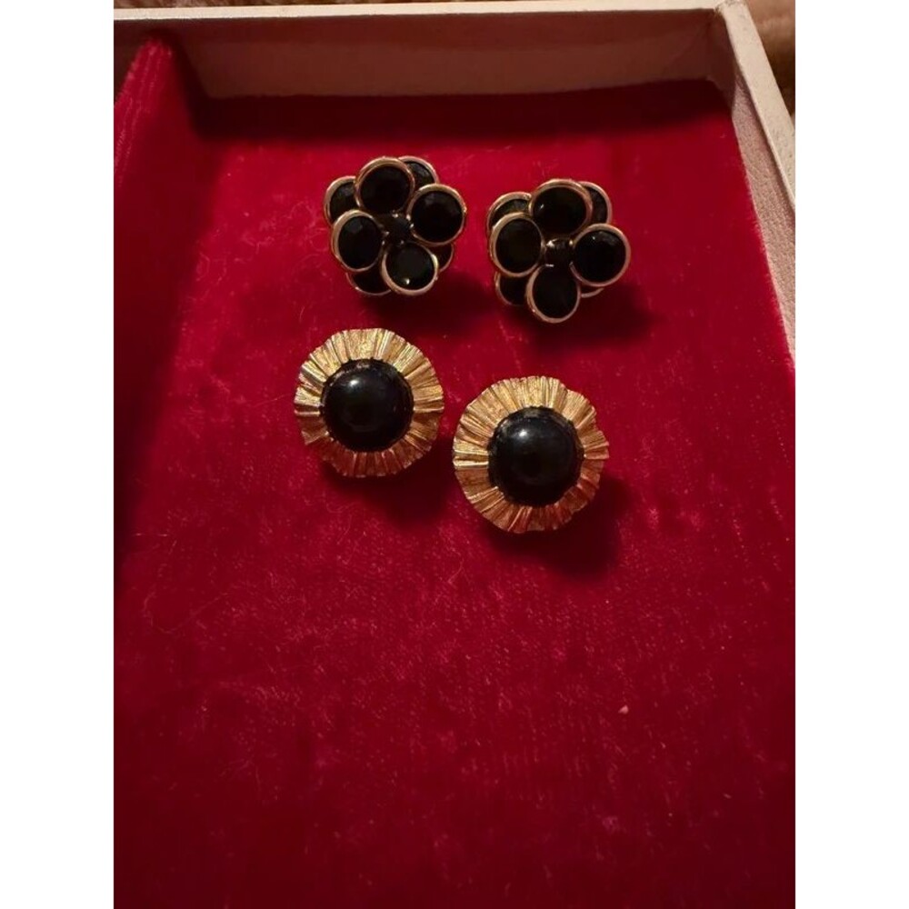 Vintage Black & Gold Earring Bundle - Signed Liz Claiborne (LCi) Sunburst + Flow